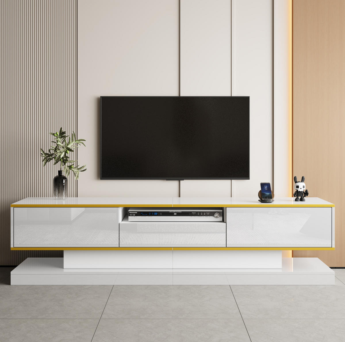 TV-LOWBOARD 180/38/45 cm mit 3 Schubladen, Hochglanz, App-gesteuerter LED-Beleuchtung und Dekorleisten, Weiß/Gold - Weiß, Holzwerkstoff (180/45/38cm) - Redom