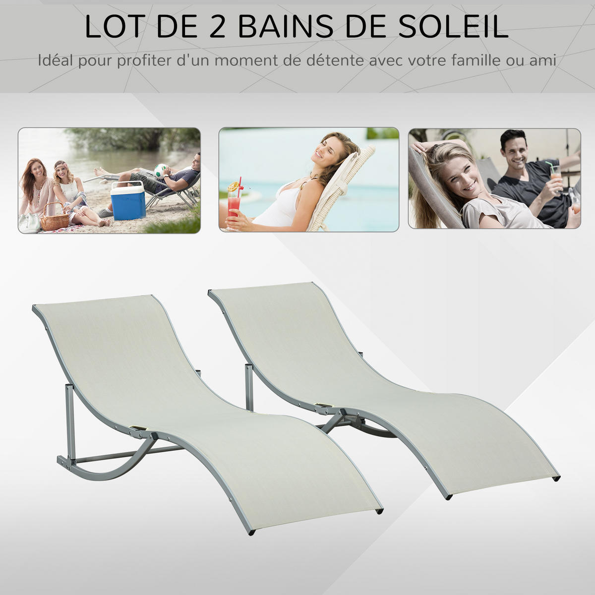 SONNENLIEGE 2er-Set DE-15632 klappbar Beige - Beige, Metall (61/63/165cm) - ComfortXL