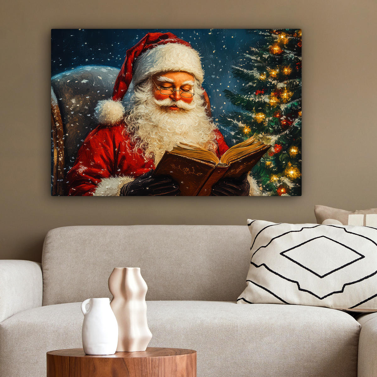 LEINWANDBILD Weihnachtsmann - Weihnachten - Winter - Weihnachtsbaum Wanddeko 90x60 cm - Bordeaux, Textil (90/60cm) - MuchoWow