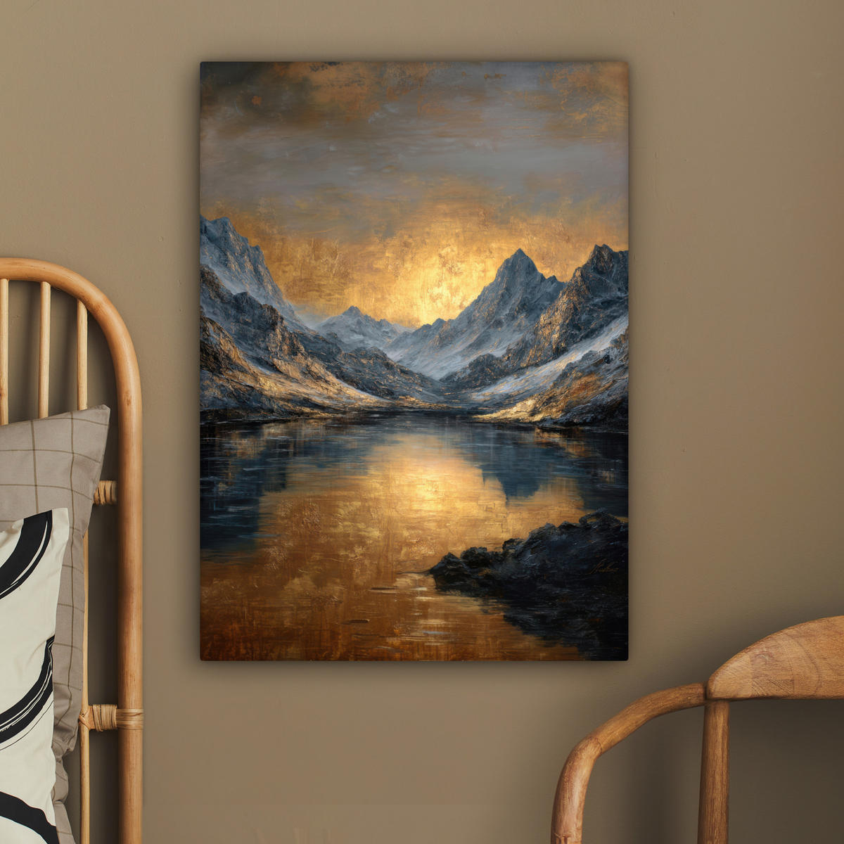 LEINWANDBILD Bergkulisse mit goldenem Sonnenuntergang Wandbild Wohnzimmer 60x80 cm - Goldfarben, Textil (60/80cm) - MuchoWow