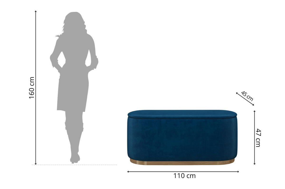 POUF Scarlett mit Stauraum, goldene Basis, 110/47/45 cm, Marineblau - Goldfarben/Dunkelblau, Holzwerkstoff/Textil (110/47/45cm) - Dancan