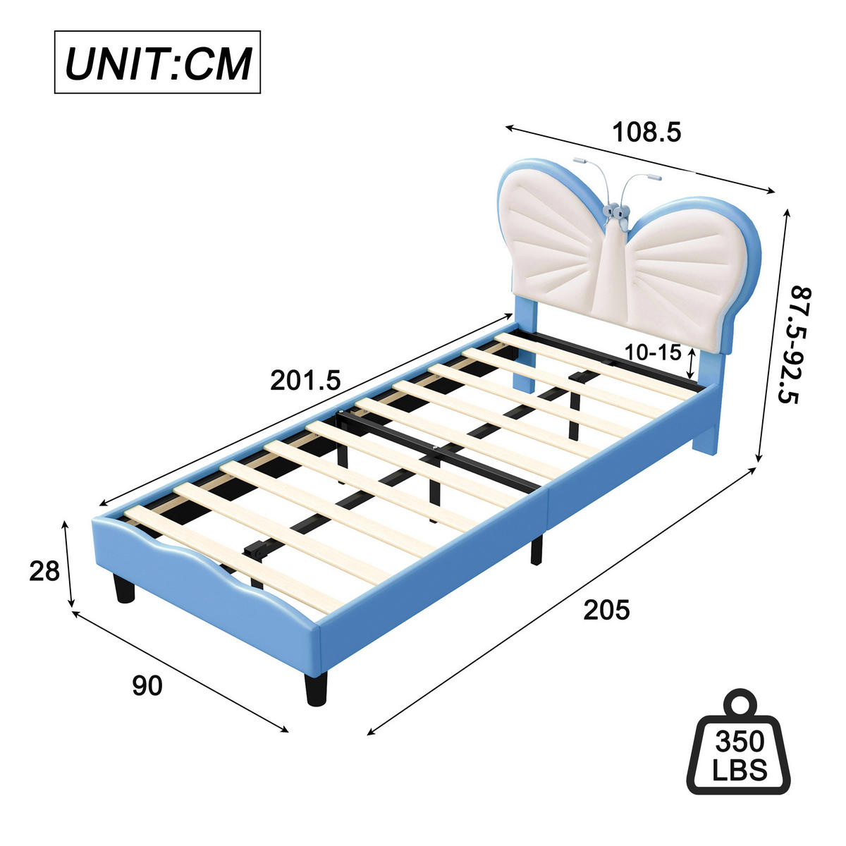 KINDERBETT 90/200 cm mit LED & verstellbarem Kopfteil,Jugendbett Blau - Blau, Textil/Metall (90/200cm) - PARAFTA HOME