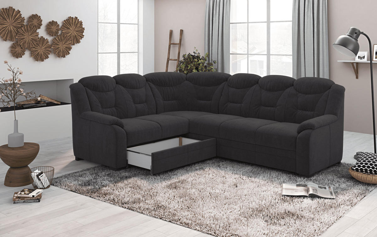 ECKSOFA mit Schlaffunktion und Bettkasten – weiches Chenille-Gewebe - Schwarz Hochglanz/Anthrazit, Holz/Kunststoff (263/211cm) - Cotta