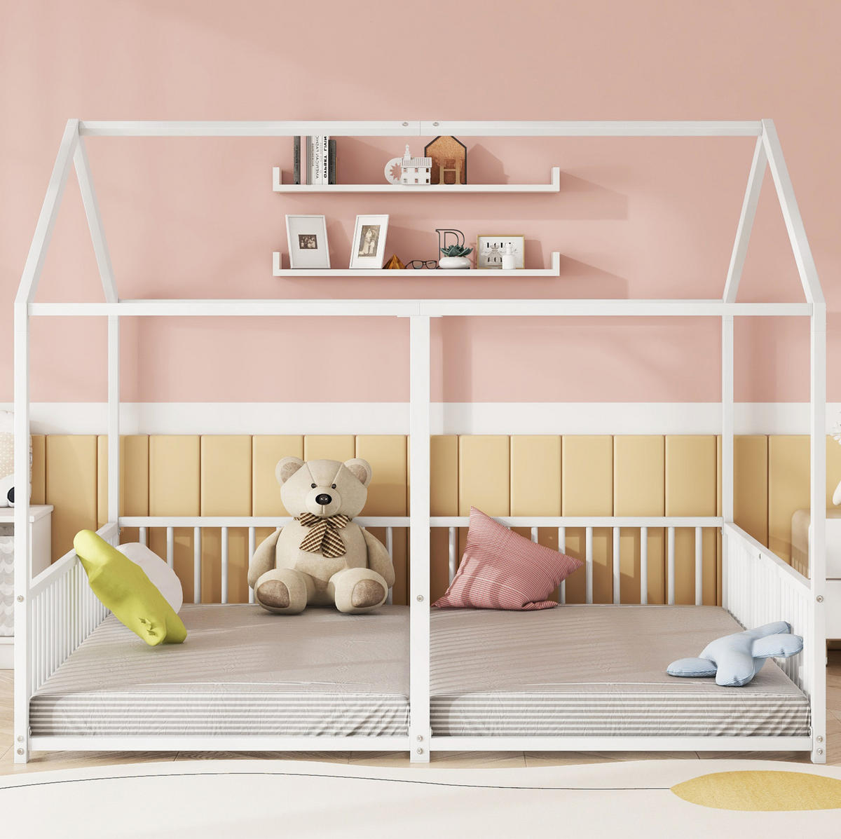 HAUSBETT 90/200 cm Weiß aus Metall in Hausform mit Leiter und Geländer - Weiß, Metall (90/200cm) - OKMYHOME