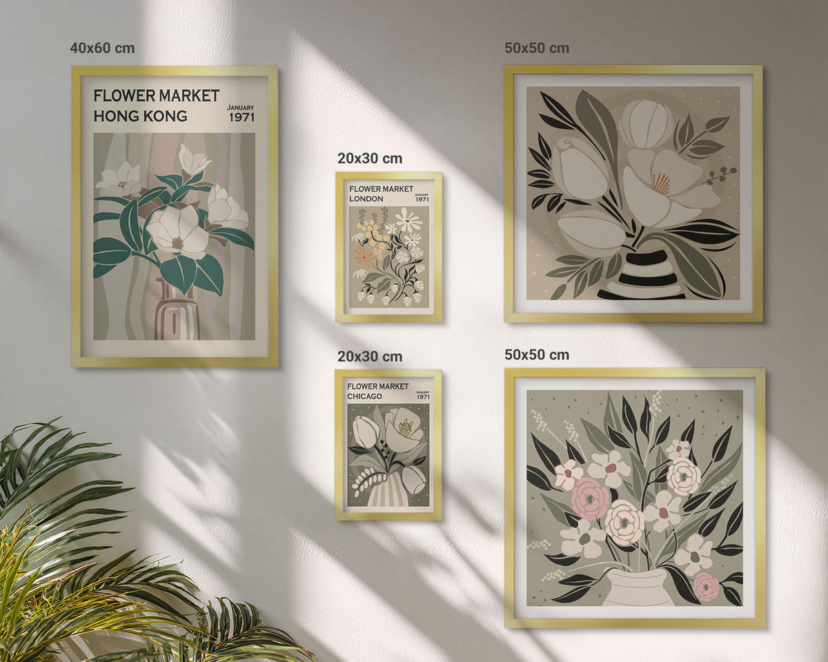 BILDER SET 5er Set - 50x50 cm & 20x30 cm & 40x60 cm Goldrahmen - Blumenillustrationen London Hongkong - Goldfarben, Kunststoff (40/60cm) - TULUP