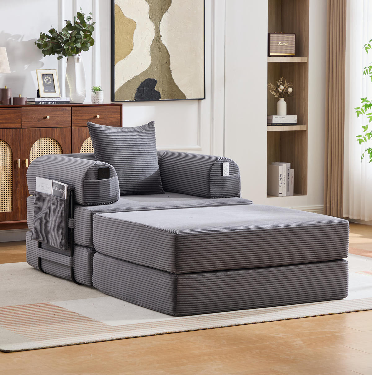 SOFA modular mit Hocker 112 x 190 x 67 cm Corduroy Dark Gray - Dunkelgrau, Kunststoff (190/67/112cm) - Meubliv
