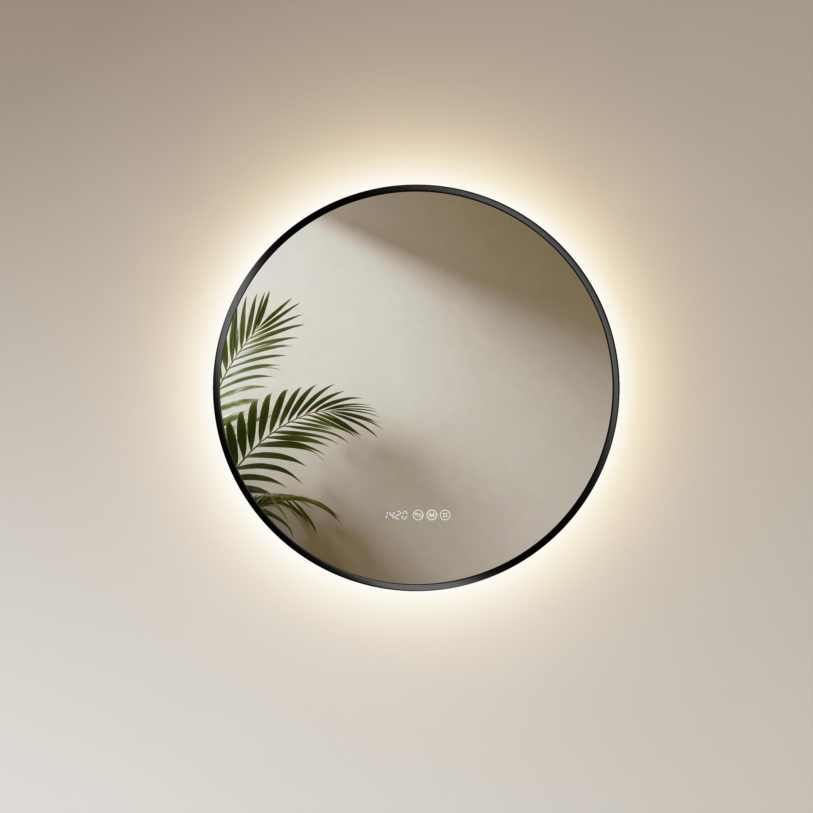 BADSPIEGEL mit LED-Beleuchtung, Anti-Beschlag-Funktion und Uhrzeitanzeige, Schwarz, Ø 70 cm - Schwarz, Glas (70/70/3cm) - EMKE