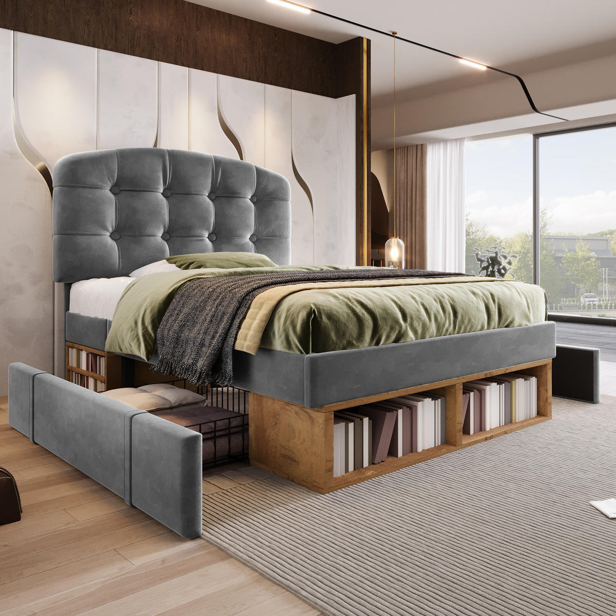 POLSTERBETT 90/200 cm in Grau Samt mit Schubladen, Regal und verstellbarem Kopfteil - Beige/Grau, Holzwerkstoff/Textil (90/200cm) - STILVORA