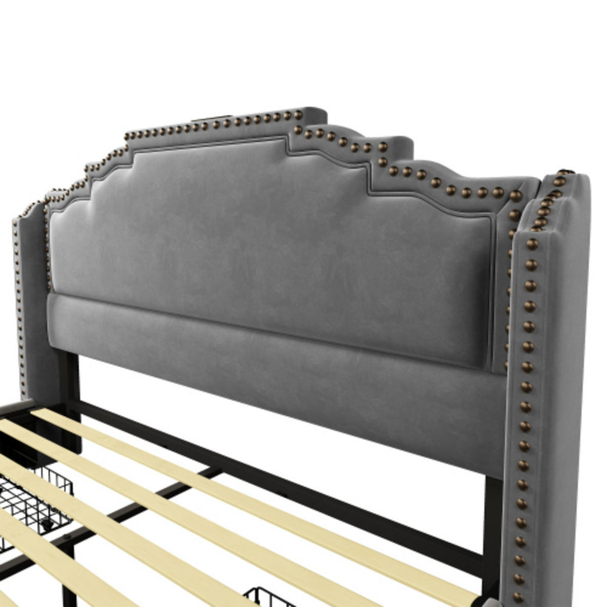 POLSTERBETT 140×200 cm aus Samt-Stoff mit LED-Beleuchtung, vier Schubladen und Matratze, grau - Grau, Textil (140/200cm) - Luhomfu