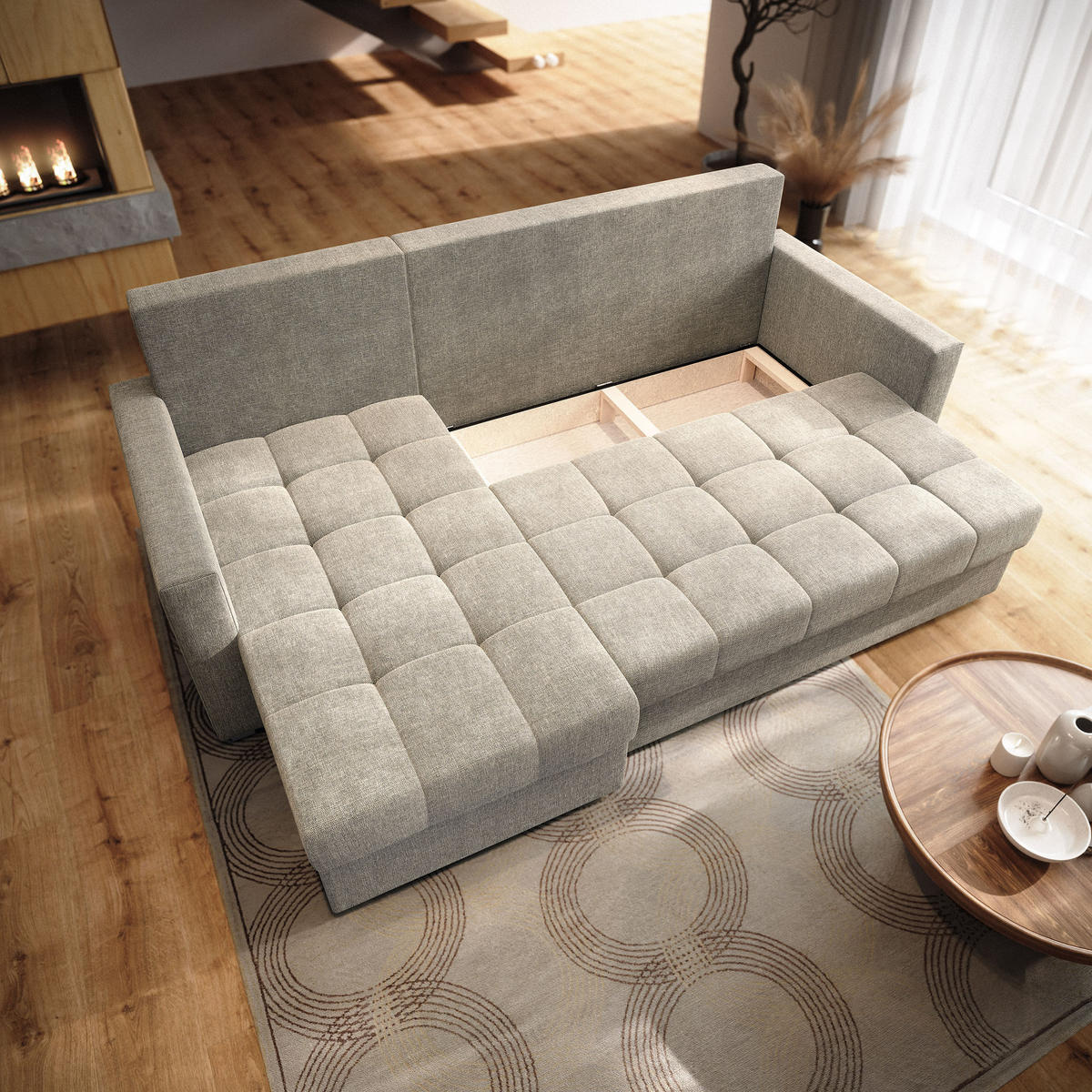 ECKSOFA NIDA Beige Geflochtener Stoff mit Schlaffunktion - Beige, Holz (220/143cm) - MASSENO