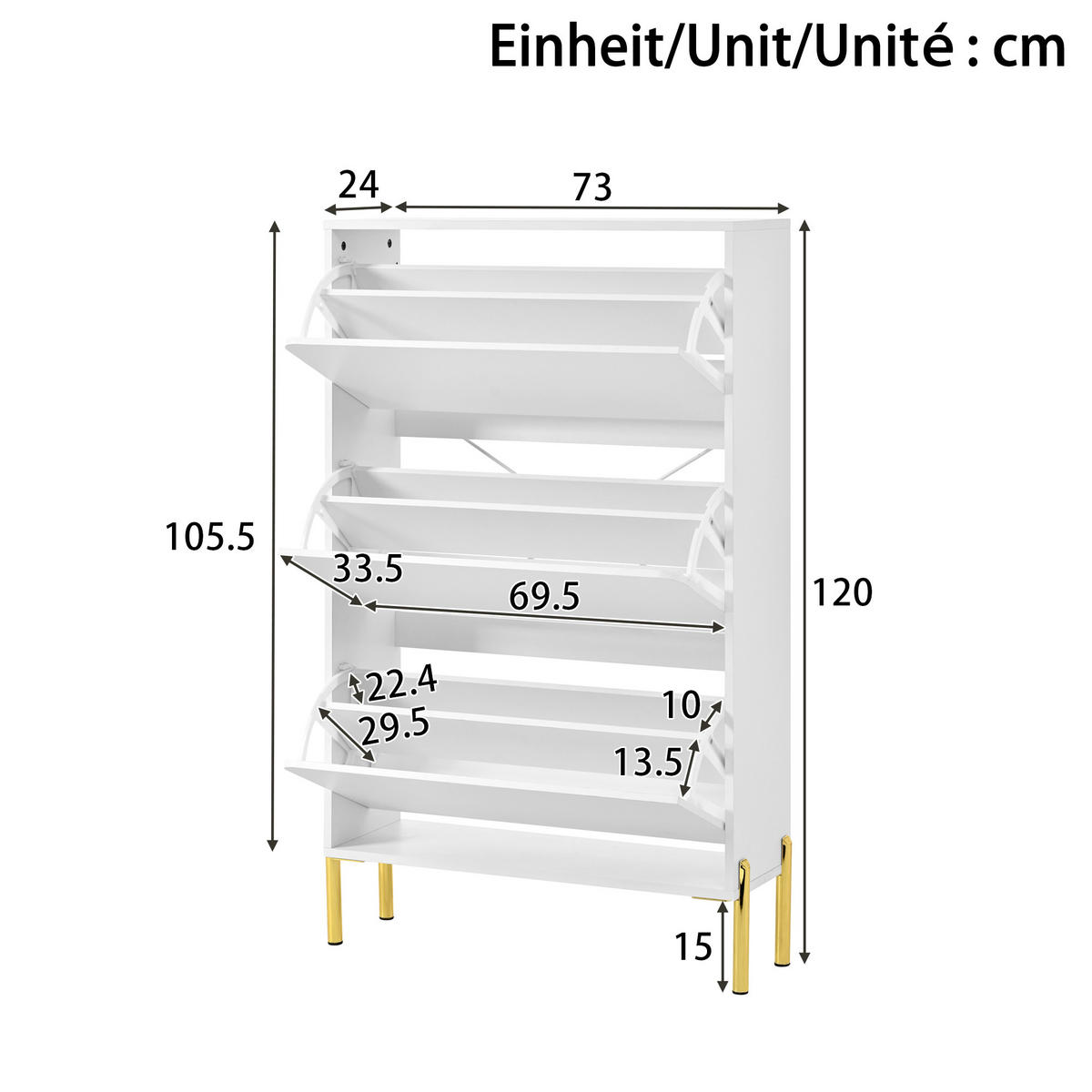 SCHUHSCHRANK in Weiß Schuhkommode mit 3 Türen, großem Stauraum und goldenen Schrankfüßen für Foyer, B73/T24/H120cm - Goldfarben/Weiß, Holzwerkstoff/Metall (73/120/24cm) - STILVORA