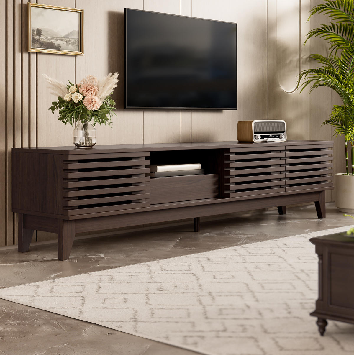 TV stolek 170/35/40 cm přírodní z dřevotřísky s úložným prostorem a kabelovými průchodkami - přírodní, kompozitní dřevo (170/40/35cm) - OKWISH