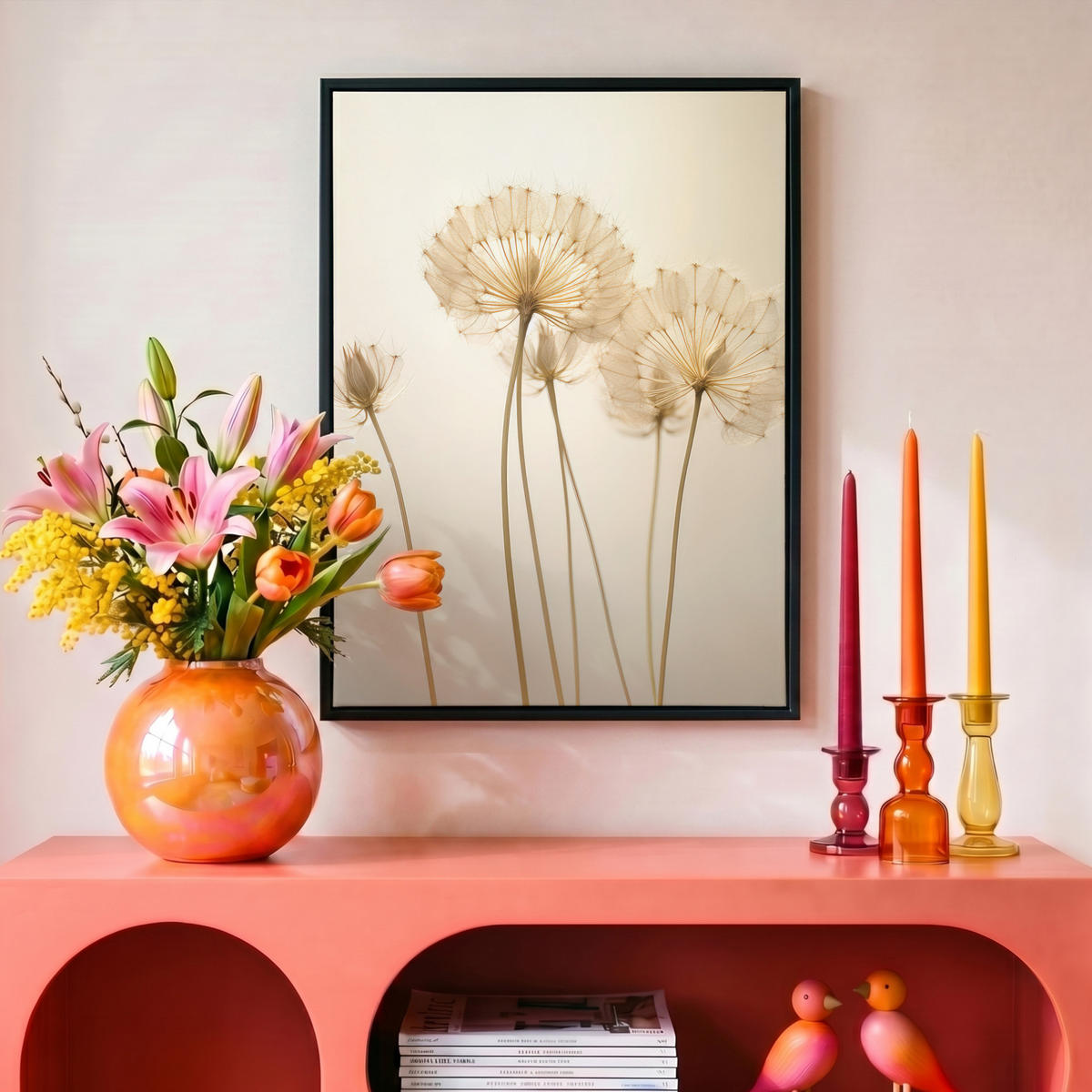 LEINWAND Bilder mit Rahmen - Sonnenlicht - Löwenzahn - Botanisch - Blumen - 30x40 - Creme, Textil (30/40cm) - MuchoWow