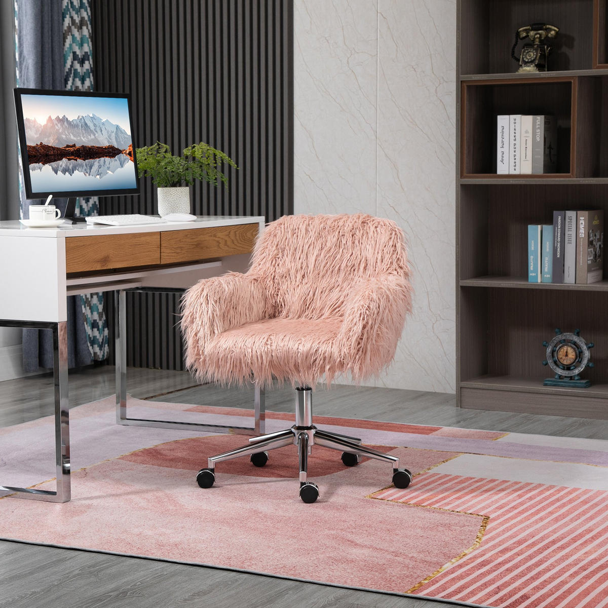 SCHMINKSTUHL Landskrona Fors Rosa/Silber Kunstpelz (100 % Acryl) 57/60/75-85 cm - Rosa, Textil (57/85/60cm) - Jamb