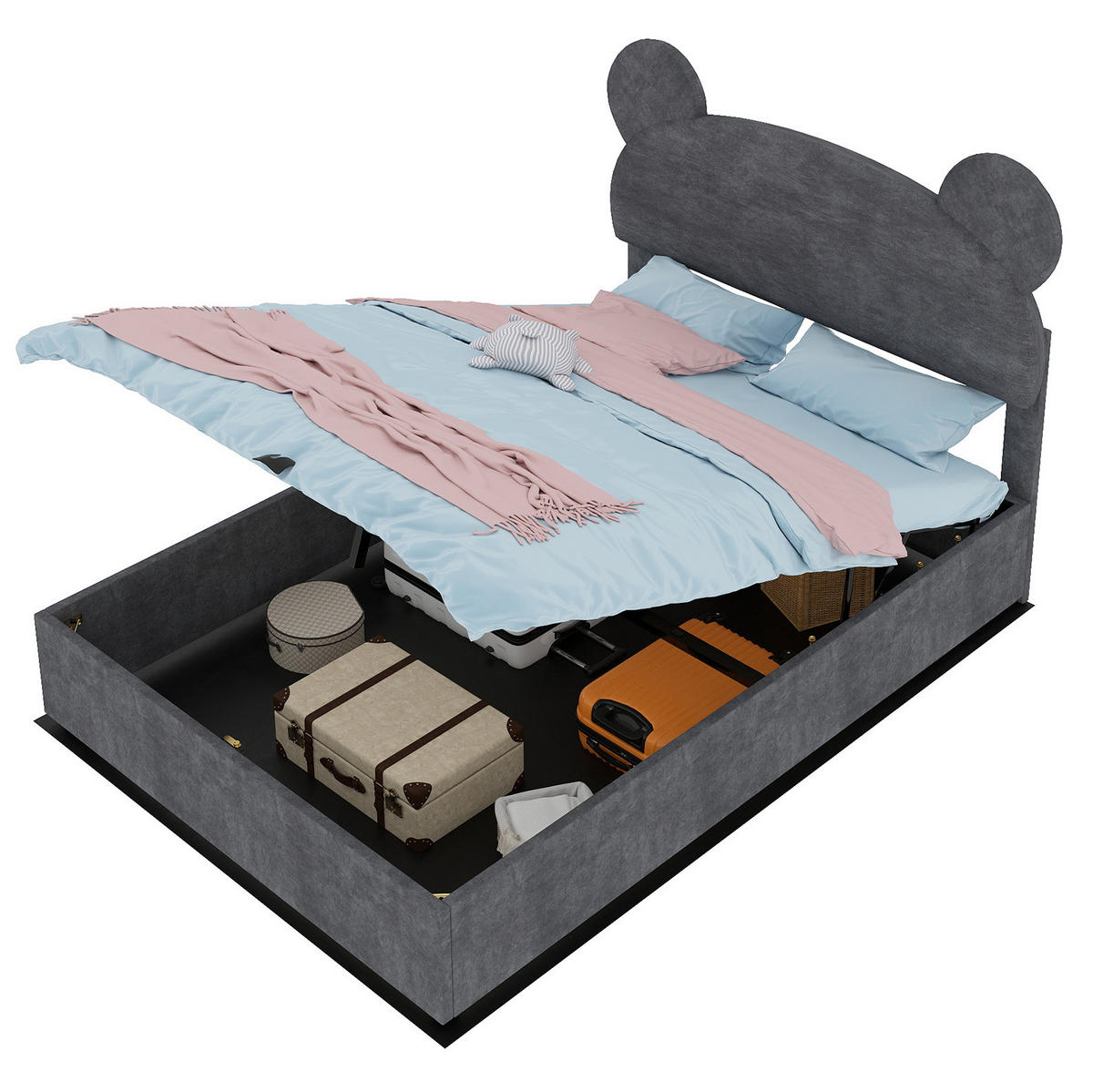 ČALÚNENÁ posteľ 140/200 cm sivá z látky a kovu s úložným priestorom a plynovým zdvihom - sivá, textil (140/200cm) - OKWISH