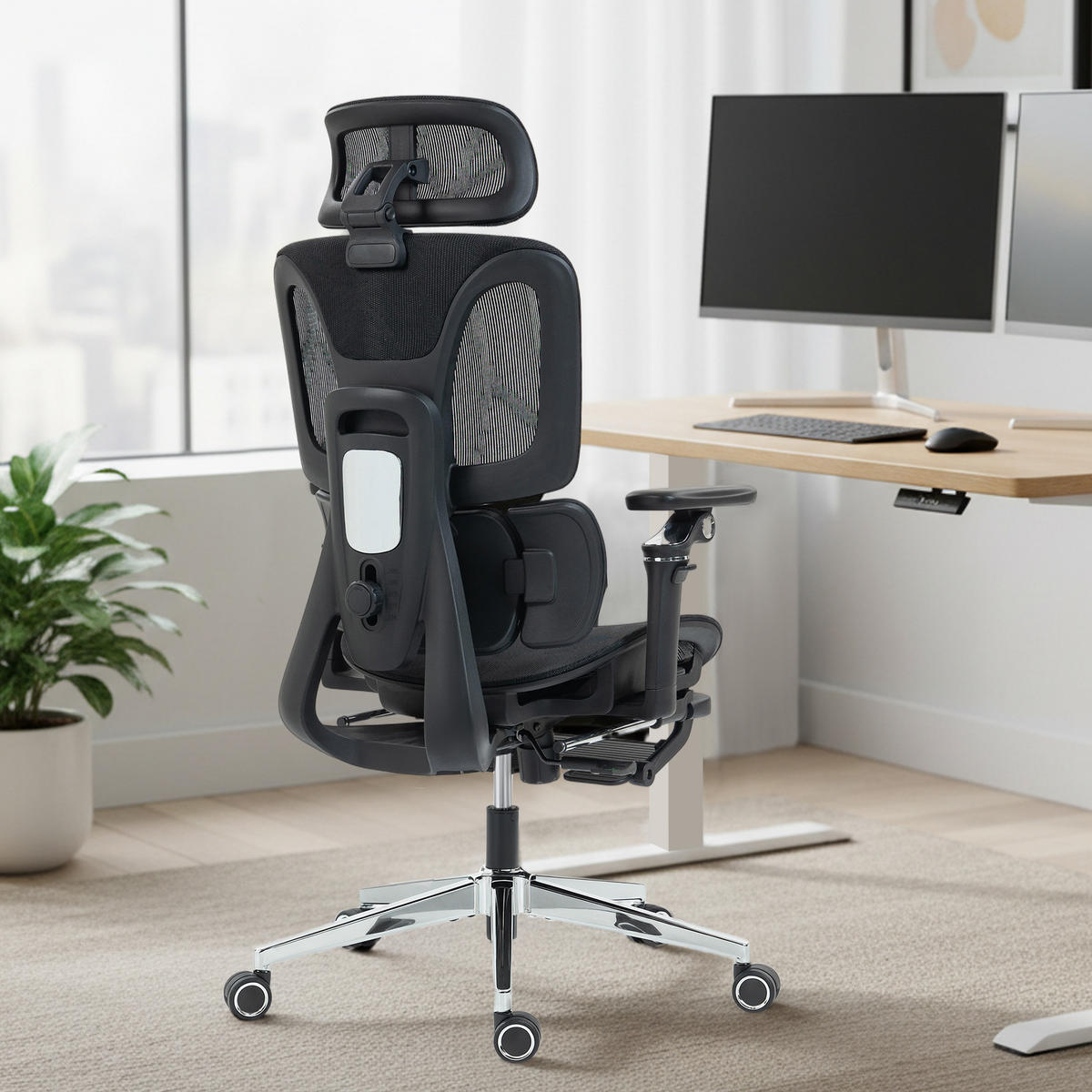 BÜROSTUHL Ergonomisch Schreibtischstuhl mit verstellbar Lenden- und Kopfstütze 6D-Klapparmlehnen Fußstütze Netz Schwarz - Schwarz, Textil (67/133/71cm)