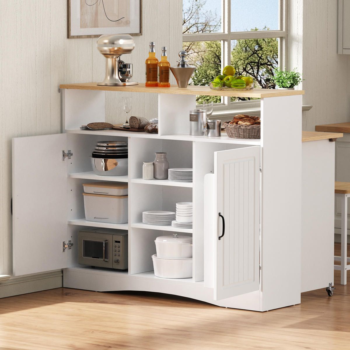 KÜCHENINSEL in Naturfarbe und Weiß Servierwagen mit Stauraum für Esszimmer und Küche, B110/T34/H97.5 cm - Weiß, Holzwerkstoff/Metall (110/97.5/34cm) - STILVORA