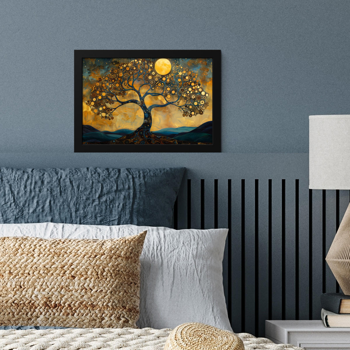POSTER MIT RAHMENGERAHMTES BILD Baum - Mond - Blumen - Gold - Kunst 30x20 cm - Orange, Papier (30/20cm) - MuchoWow