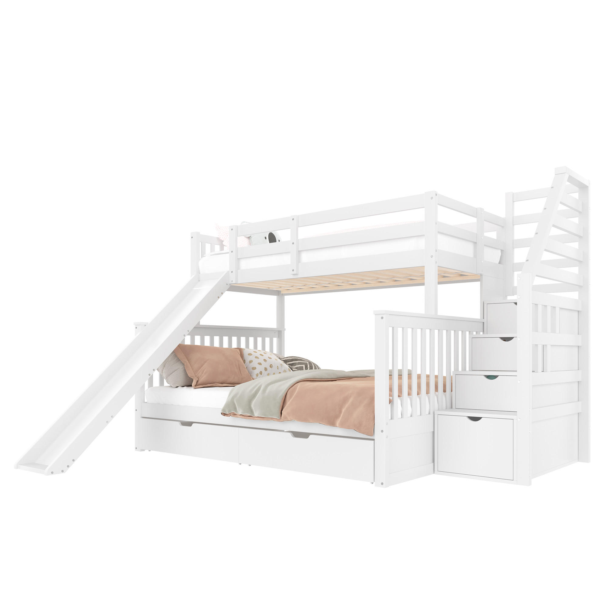 STILVORA ETAGENBETT 90/200 cm & 140/200 cm in Antikweiß mit 2 Schubladen, Stauraum und Rutsche