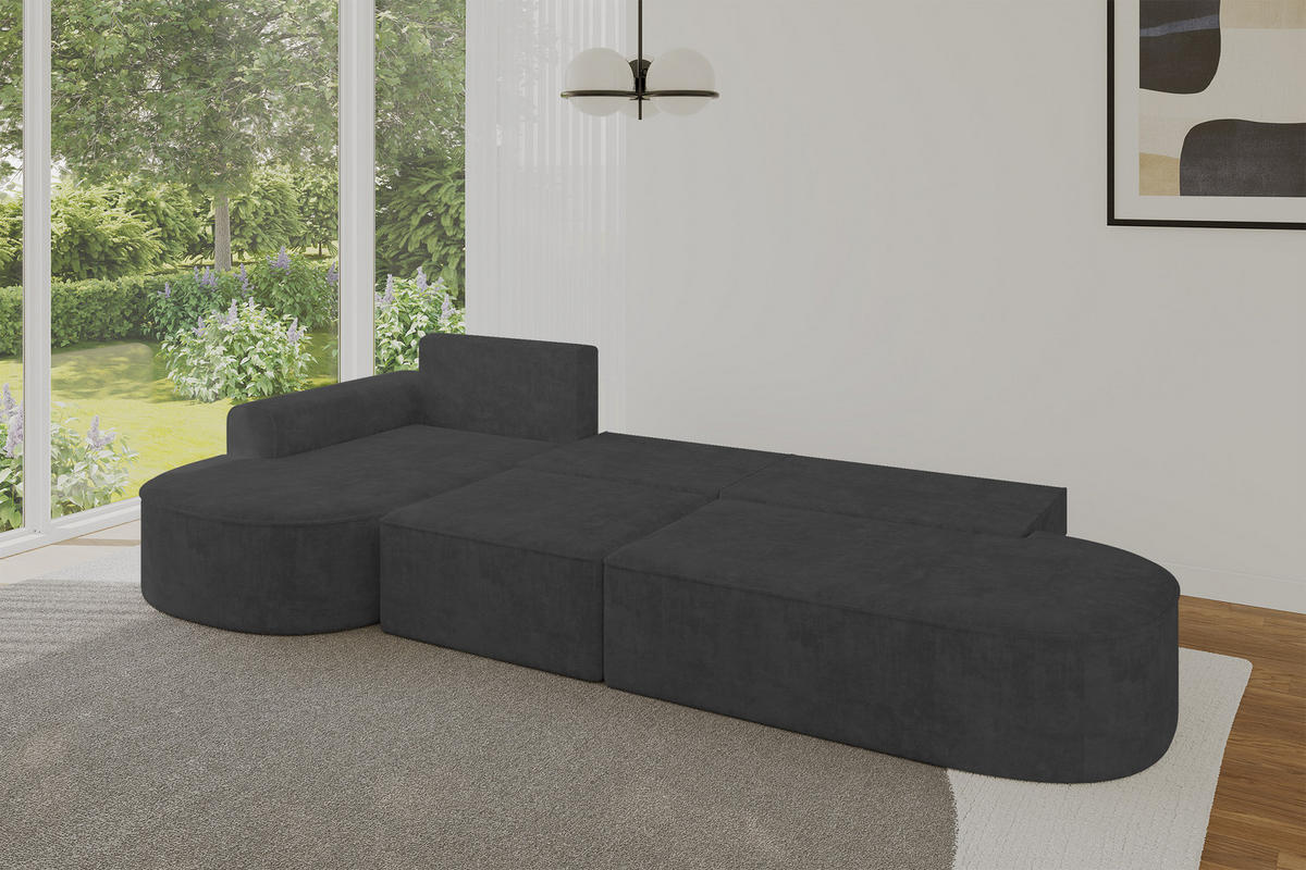 ECKSOFA mit Schlaffunktion Ottomane Links MARI L2-S 368X167X85 Dunkelgrau Velours - Dunkelgrau/Schwarz, Holzwerkstoff/Kunststoff (368/167cm) - ALTDECOR