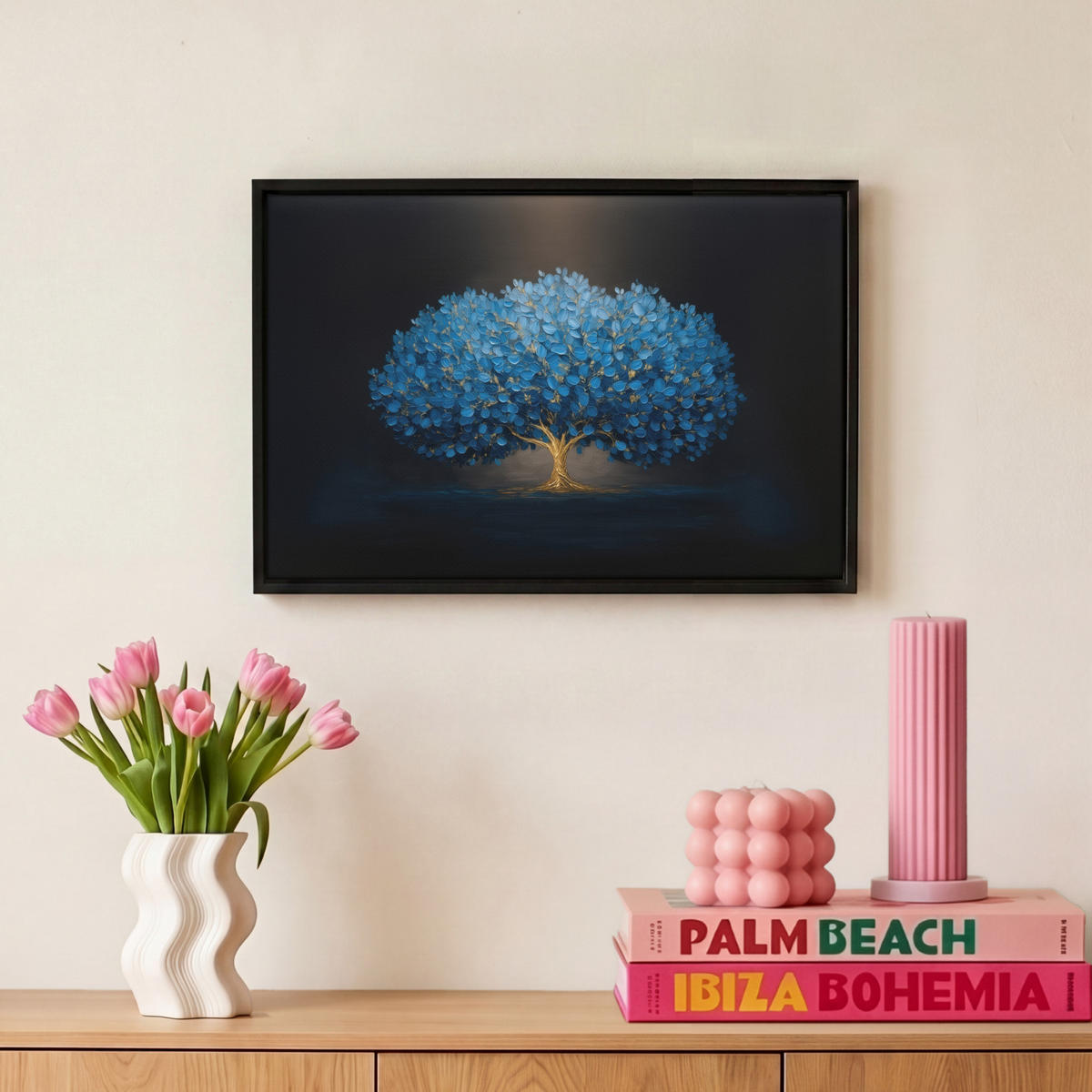 LEINWAND Bilder mit Rahmen - Baum - Blau - Blätter - Pinselstriche - 30x20 - Blau, Textil (30/20cm) - MuchoWow