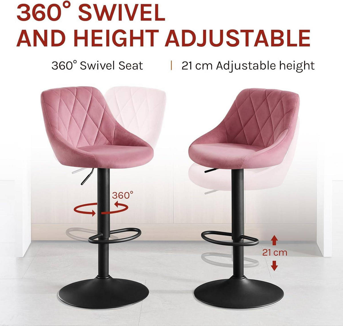 BARHOCKER 2er Set, aus Samt, Drehbar, Rosa - Schwarz/Rosa, Textil/Metall (47/83/39cm) - Woltu
