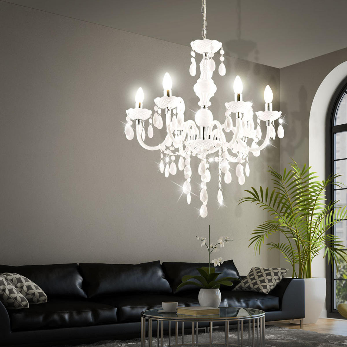 KRONLEUCHTER Acryl Weiß 6-Flammig - Weiß, Metall (67/67/166cm) - Globo Lighting