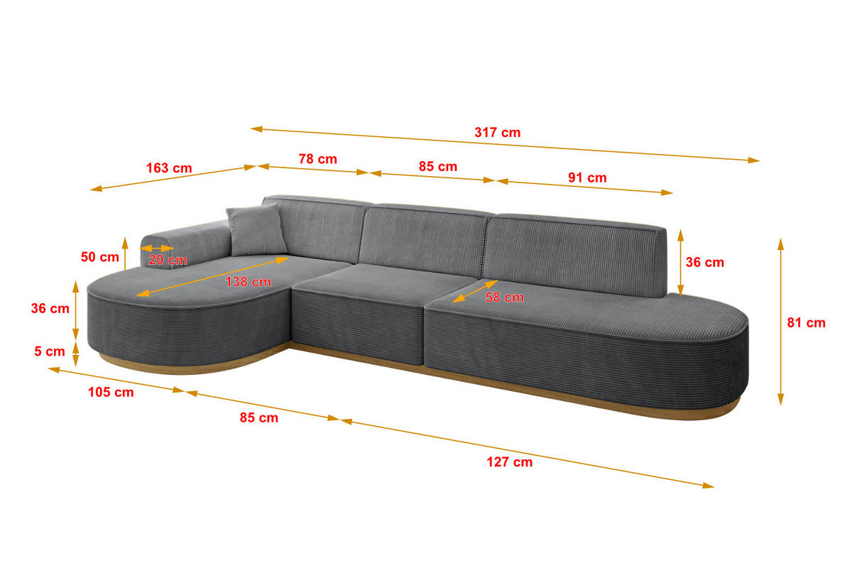 ECKSOFA Ottomane Links MARI-L2-v2 - 328x171x83 cm Dunkelgrau Cord - Dunkelgrau, Holzwerkstoff/Textil (328/171cm) - ALTDECOR