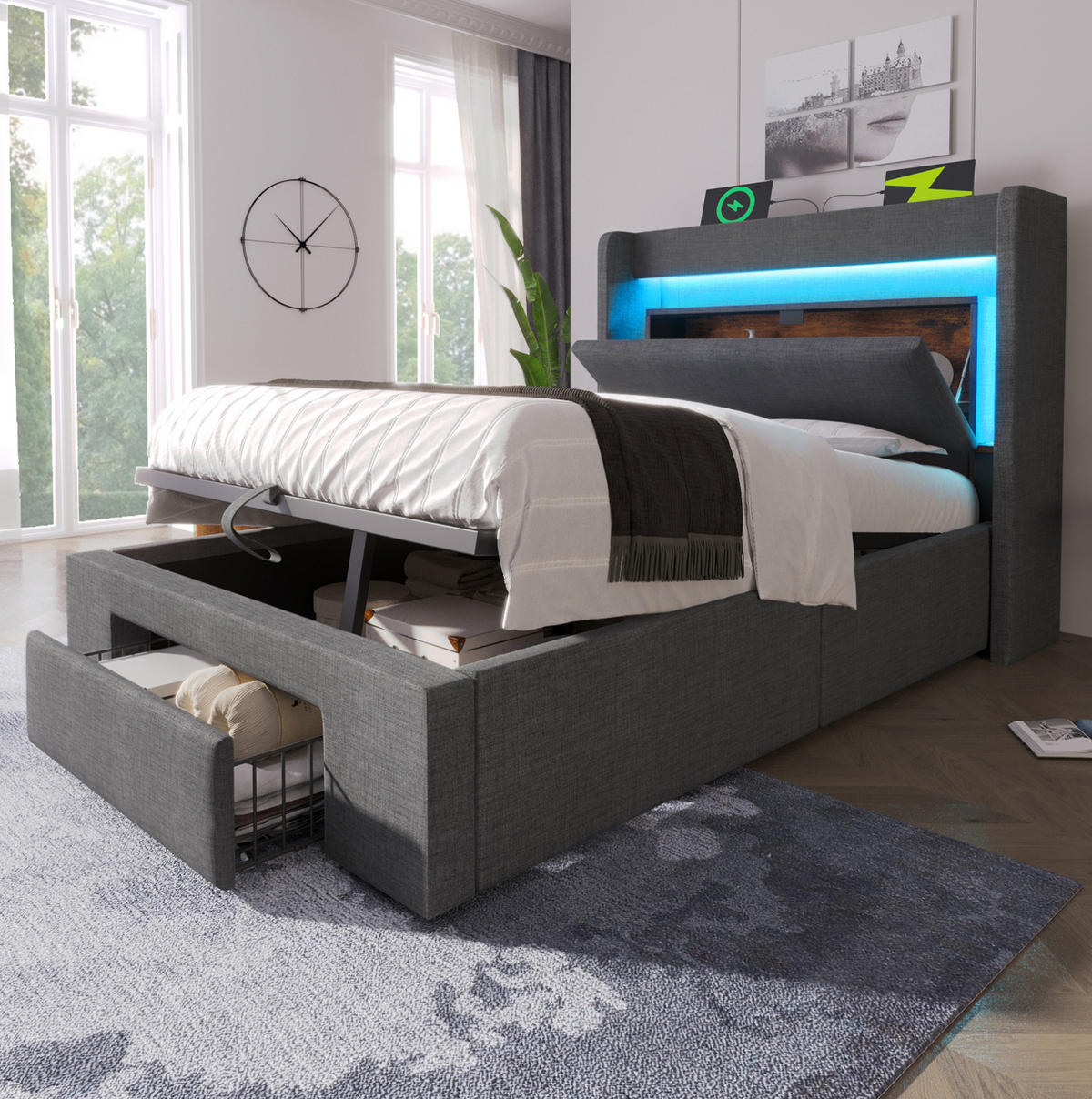 POLSTERBETT 90/200 cm Grau aus Leinen mit Stauraum, LED und USB- & Type-C-Anschlüssen - Grau, Textil (90/200cm) - Flora Grace