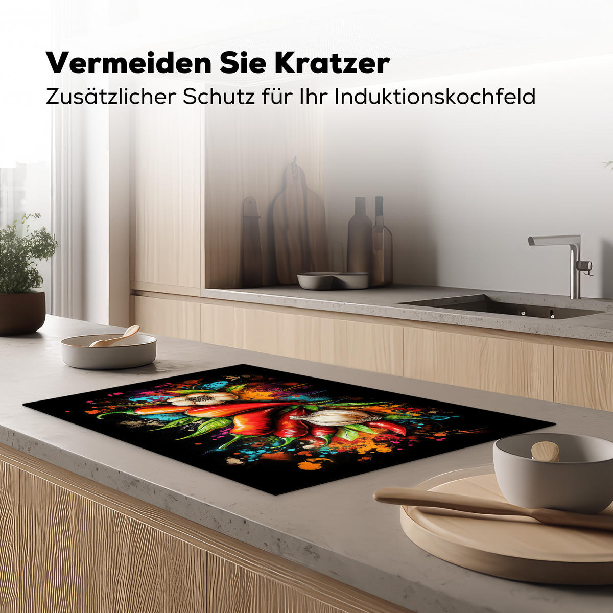 HERDABDECKPLATTE Gemüse - Paprika - Knoblauch - Graffiti - Farbe - Bunt Abdeckung Ceranfeld 81.2x52 cm - Rot, Kunststoff (81.2/52/0.2cm) - MuchoWow