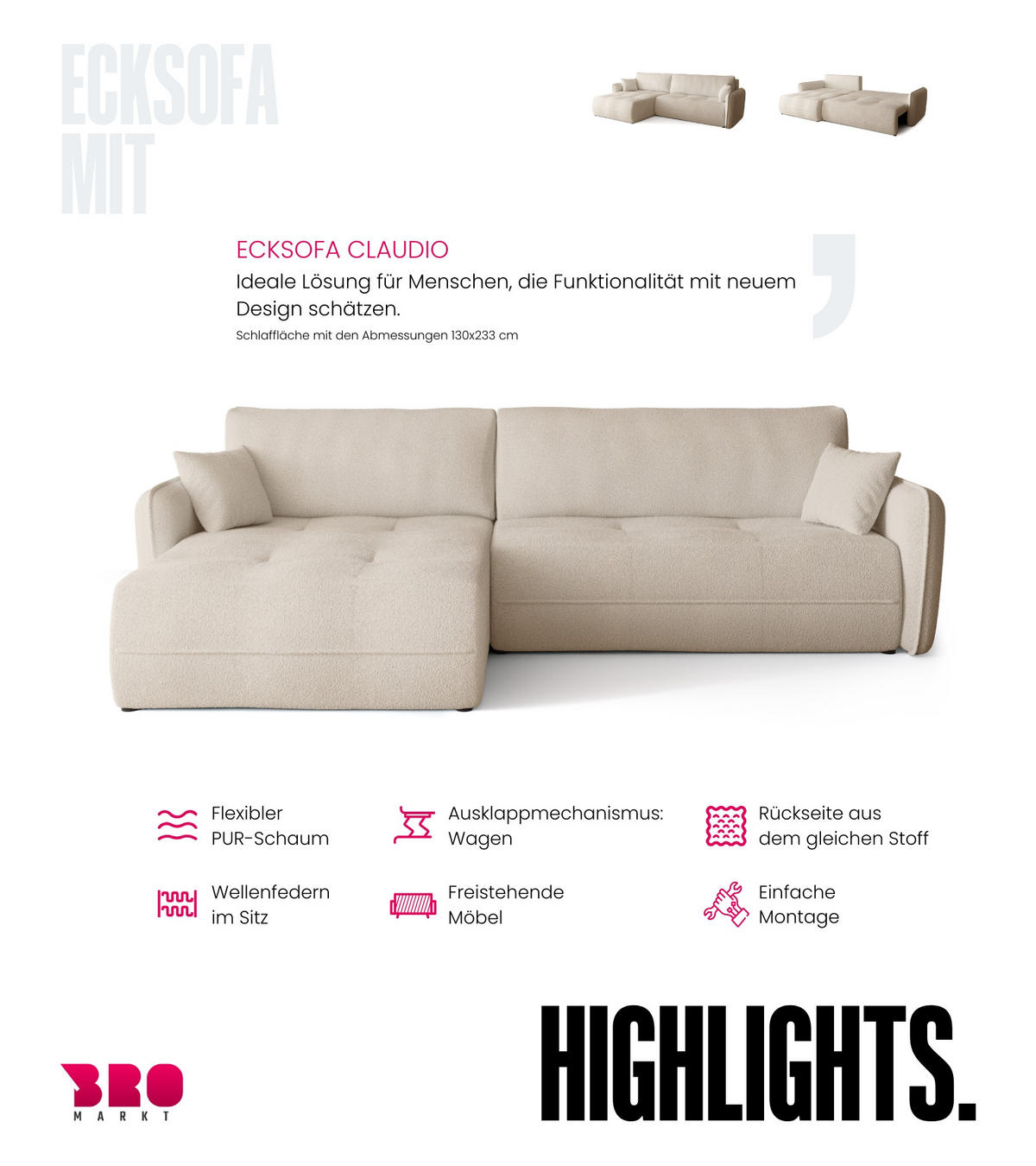 ECKSOFA CLAUDIO mit Schlaffunktion Ecru - Ecru, Textil (263/150cm) - Bromarkt