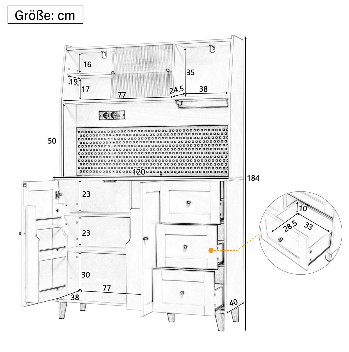 BUFFET 120/40/184 cm aus MDF mit Steckdosen, Lochplatte und Riffelglastüren Weiß - Weiß, Holzwerkstoff (120/184/40cm) - Modenvie