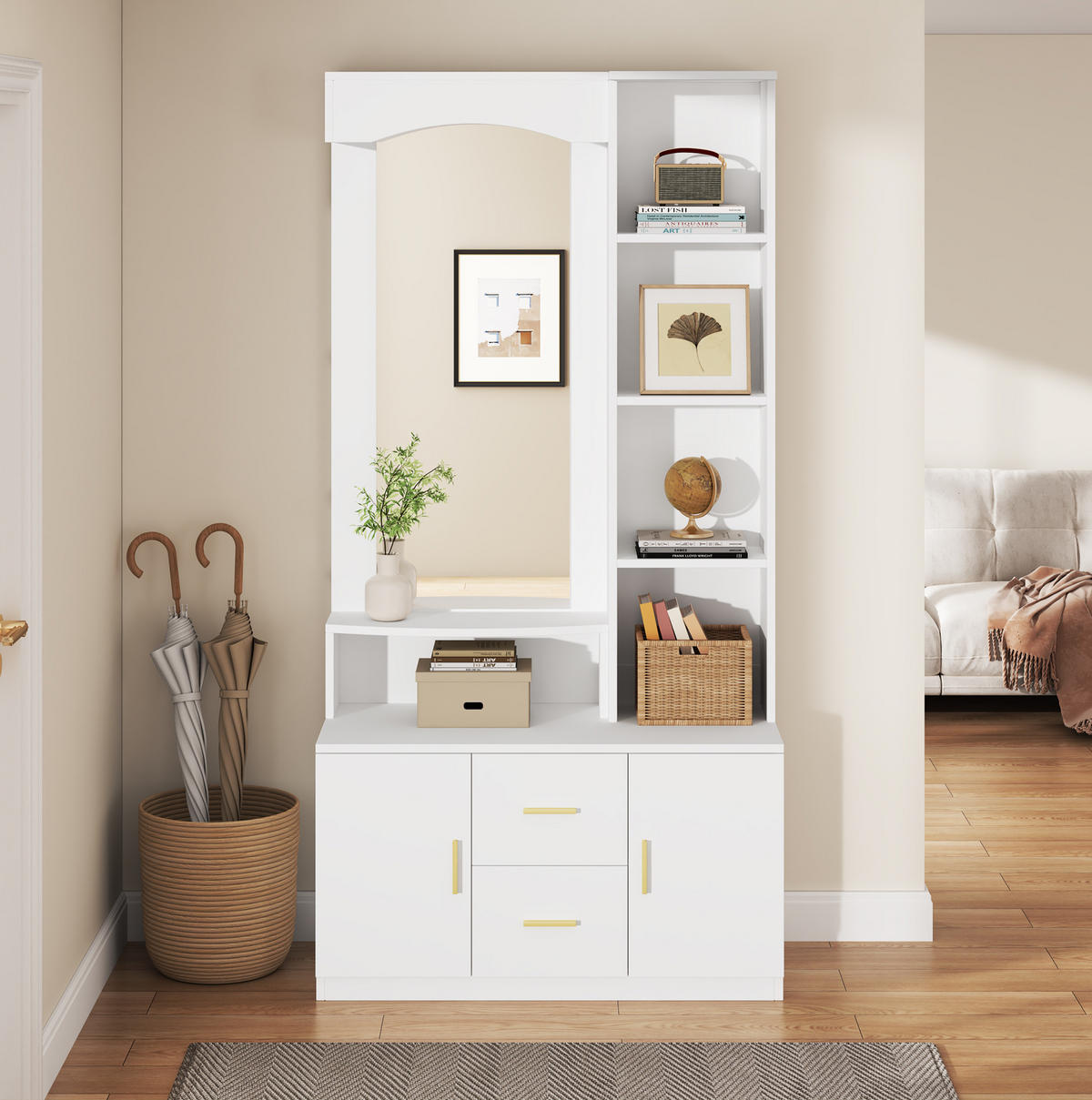 FLURSCHRANK 90/40/180 cm mit Spiegel, 2 Schubladen, 2 Schränken und Regalen aus MDF, Weiß - Weiß, Holzwerkstoff (90/180/40cm) - Redom