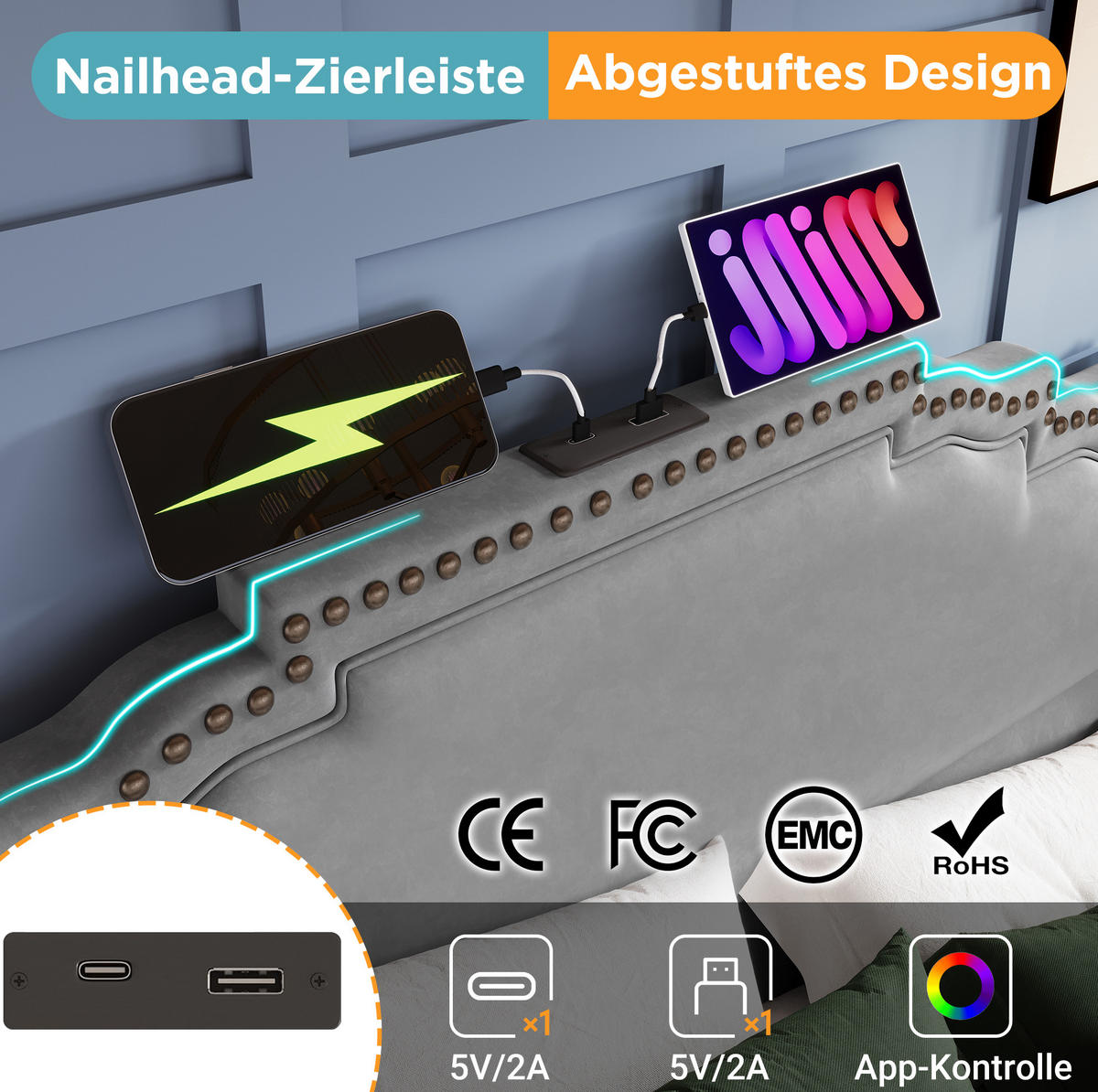 POLSTERBETT 160/200 cm Grau aus Samt mit LED und 4 Schubladen - Grau, Textil (160/200cm) - OKMYHOME