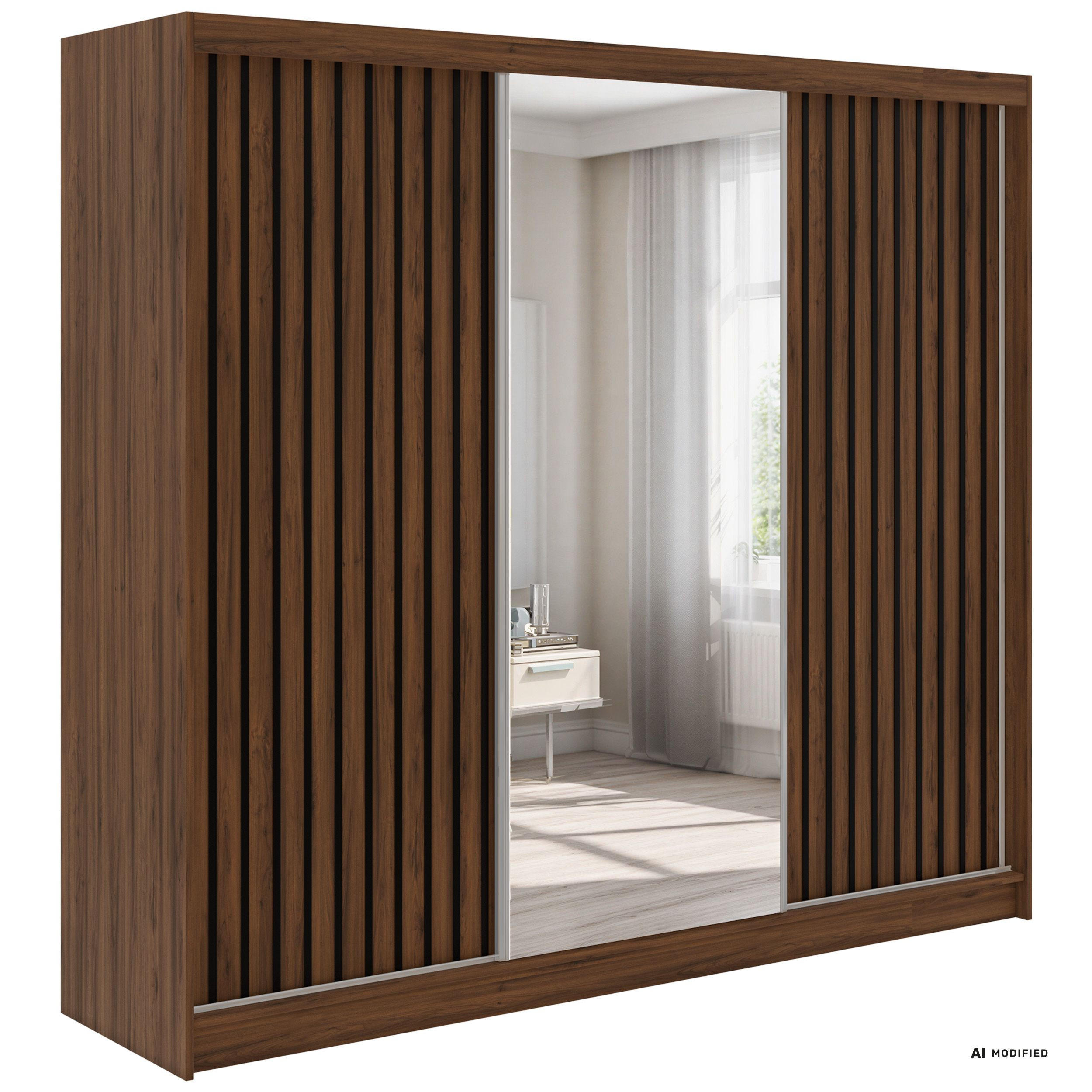 SCHWEBETÜRENSCHRANK mit Spiegel LAOS - 240 - Warmia Walnuss - Schwarz Lamellen - Walnussfarben/Alufarben, Holzwerkstoff/Metall (240/216/61cm) - MKS