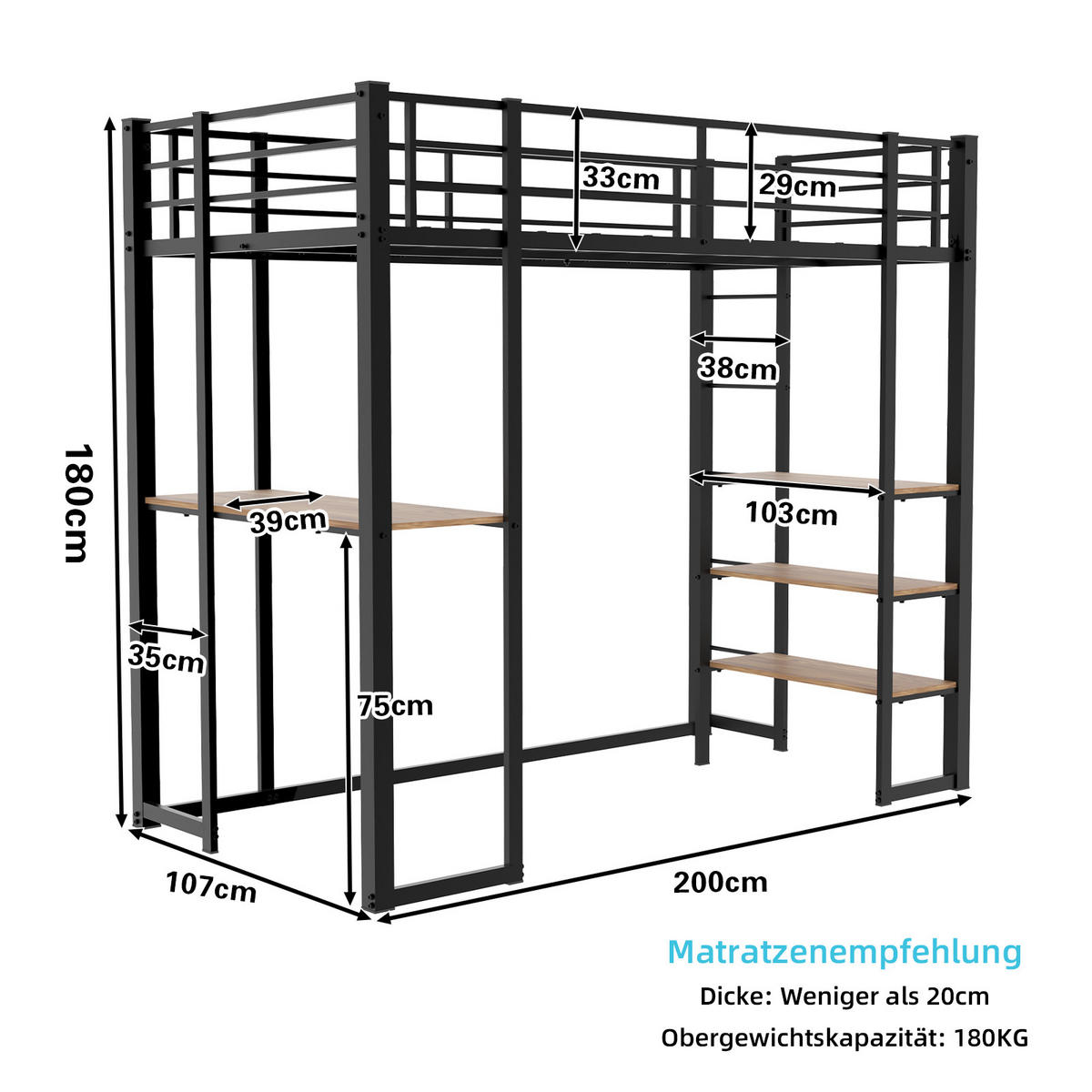 EISENBETT 90x190cm, Bett, Tisch, Geländer, Treppen, Stauraum, Kinder, Jugend - Schwarz, Metall (100/200cm)