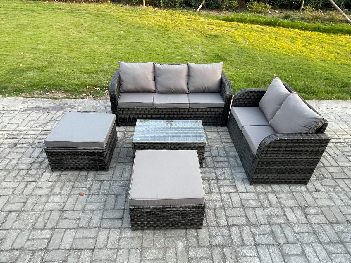 GARTENMÖBELSET mit Couchtisch Polyrattan 7-Sitzer - Dunkelgrau/Grau, Glas/Kunststoff - Fimous