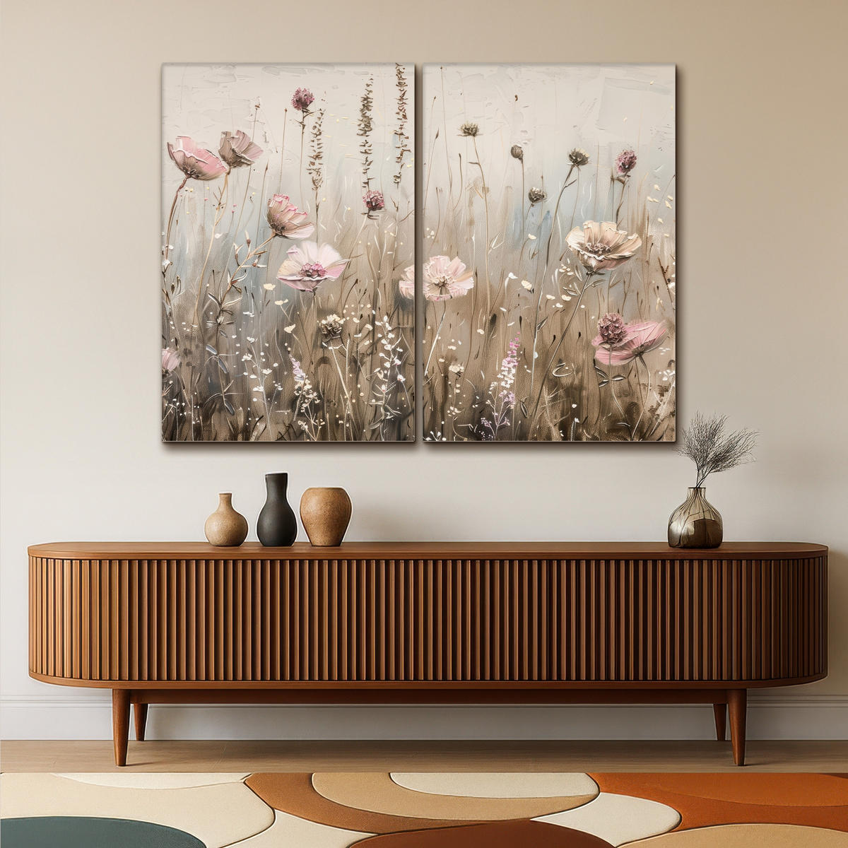 LEINWANDBILD 2er Set Blumen - Beige - Modern - Rosa 160x120 cm - Ecru, Textil (160/120cm) - MuchoWow