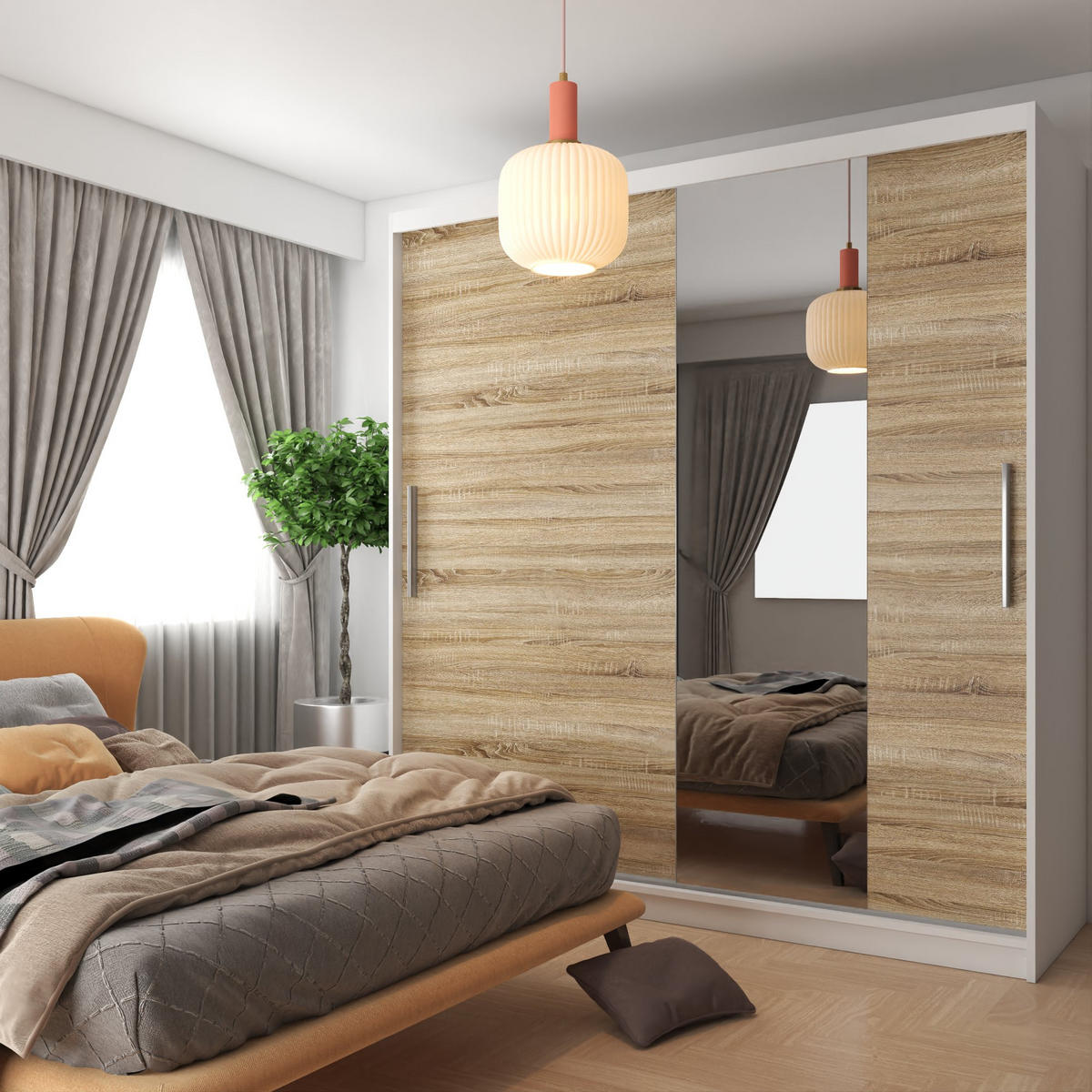 SCHWEBETÜRENSCHRANK Verona MSE, Weiß/Sonoma Eiche Matt, 200 cm, mit Spiegel - Sonoma Eiche, Holz (200/216/60cm) - B BELINI GROUP