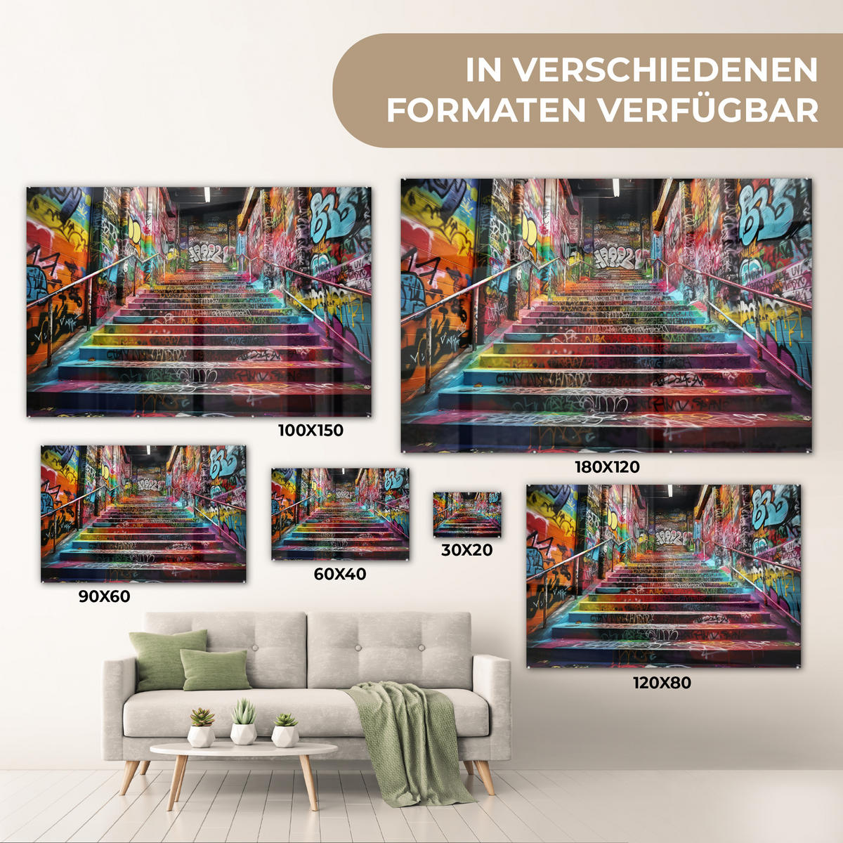 ACRYLGLASBILD Treppe - Graffiti - Farben - Kunst 90x60 cm - Multicolor, Glas (90/60cm) - MuchoWow