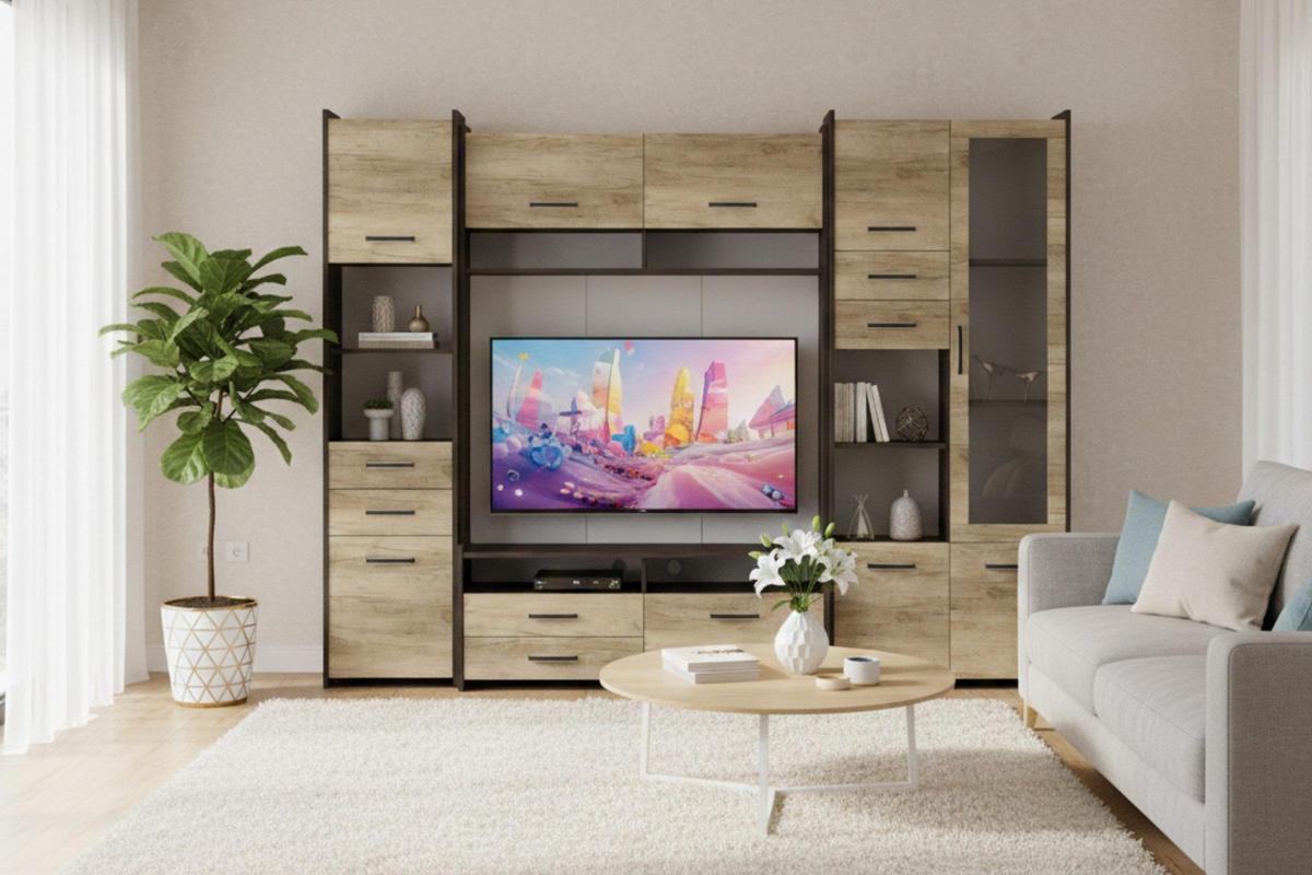 WOHNWAND MAURO MINI 232 cm in Eiche Canterbury / Eiche Country Grey - Eichefarben, Holzwerkstoff (232/190/53cm) - Deine Möbel 24