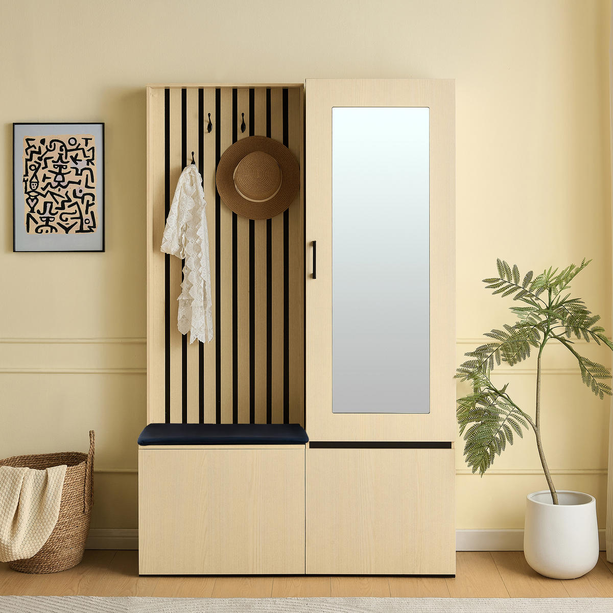 GARDEROBE-SET Spiegel Sitzbank Schuhablage Kleiderstange 4 Haken - Naturfarben, Holzwerkstoff (595/179.5/345cm) - FLIEKS