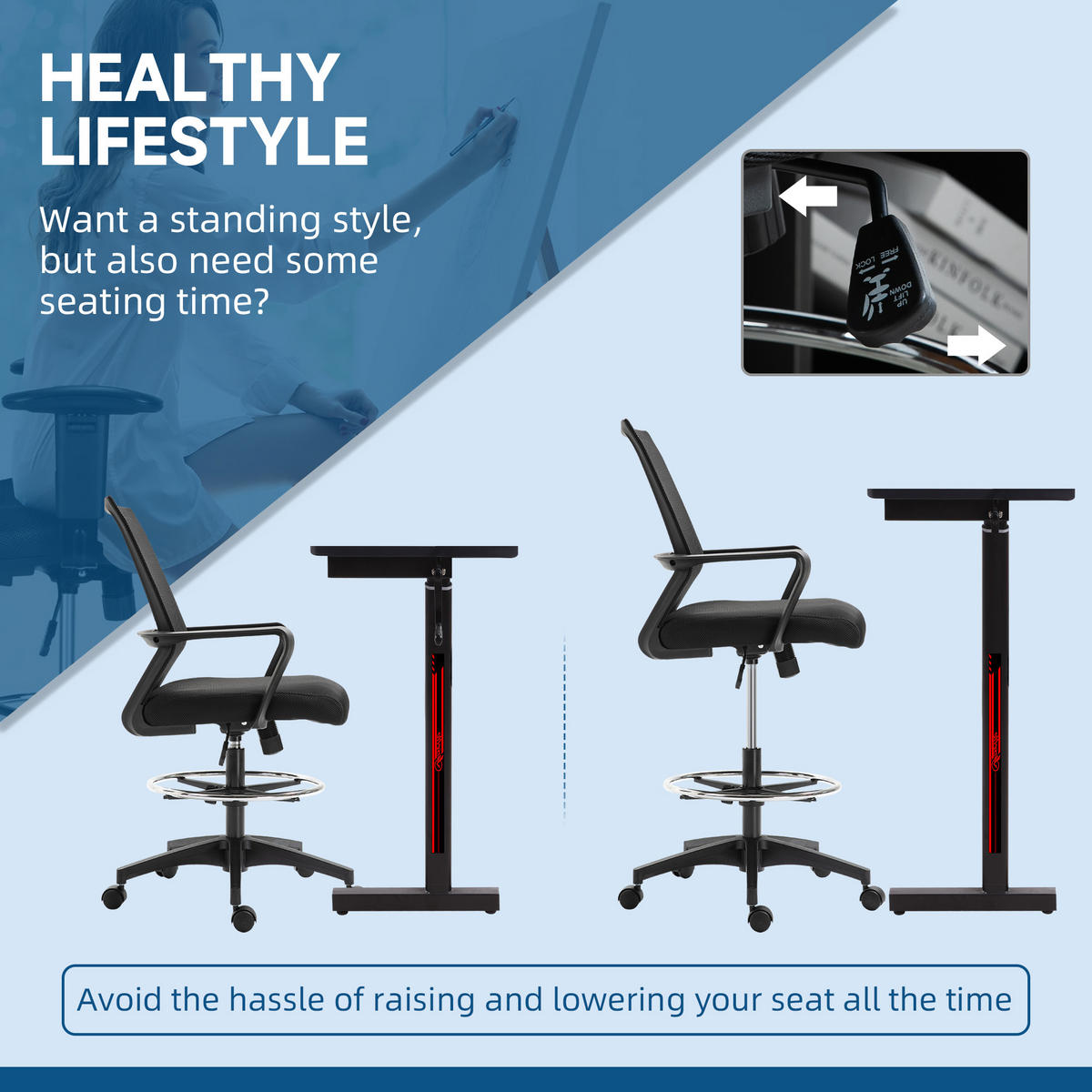 KANCELÁŘSKÁ ŽIDLE Ergonomická kancelářská židle s nastavitelným podnožím, funkce houpání - černá, plast (59/124/64cm) - Vinsetto