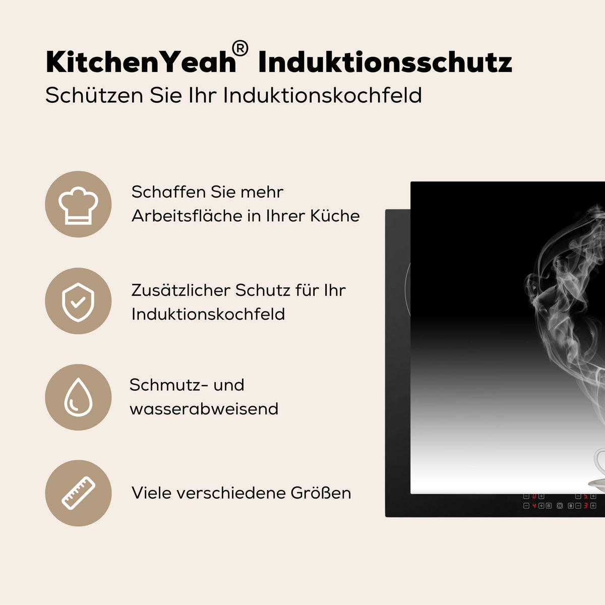 HERDABDECKPLATTE Kaffee - Herz - Schwarz und weiß - Tassen 90x52 cm - Weiß, Kunststoff (90/0.2/52cm) - MuchoWow