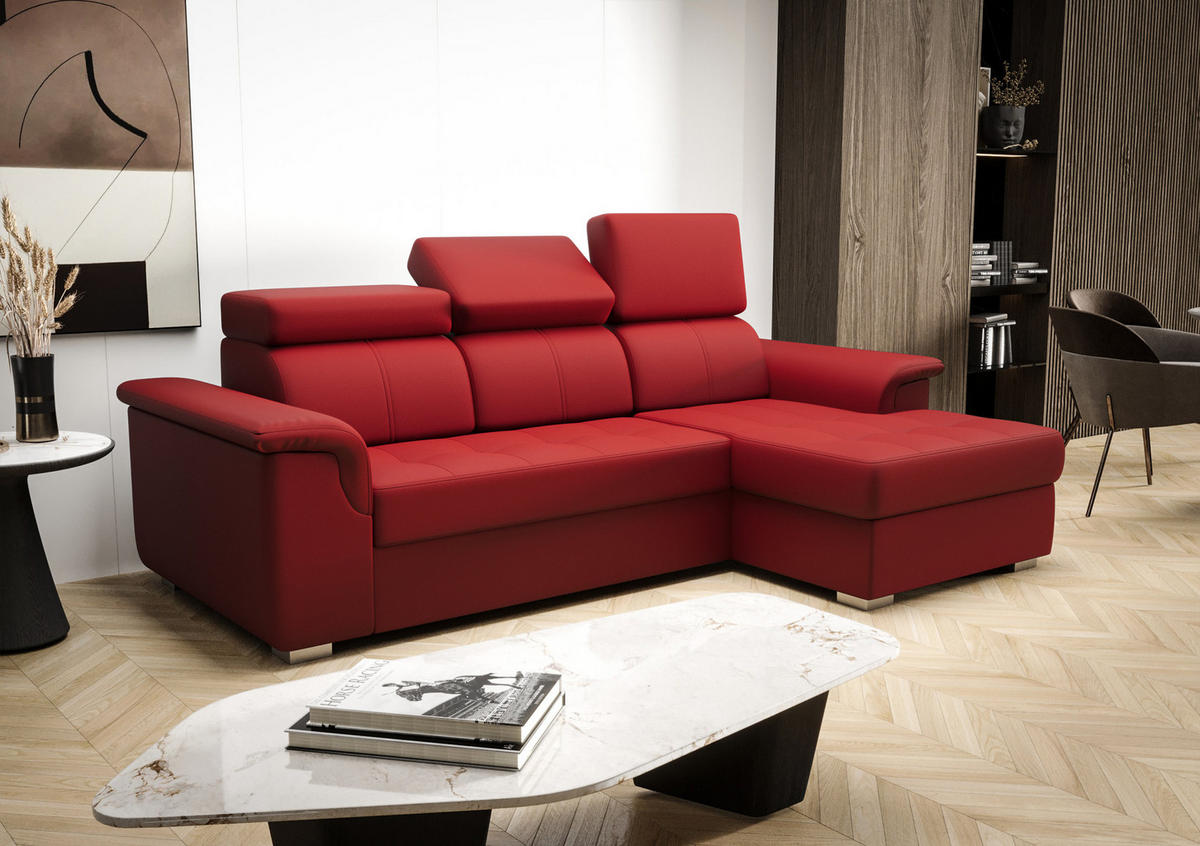 ECKSOFA KONGO RBN06, Eckcouch in L-Form mit Schlaffunktion, Farbe: Rot, Kunstleder, Ottomane Rechts - Rot, Textil (247/165cm) - O-Sofa