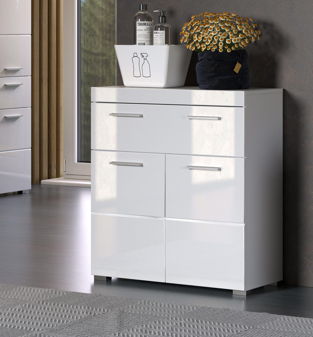 BADKOMMODE weiß Hochglanz 73 x 79 cm, Badezimmer Kommode 2-türig - Weiß, Holzwerkstoff/Kunststoff (31/79/73cm) - Top.Furn