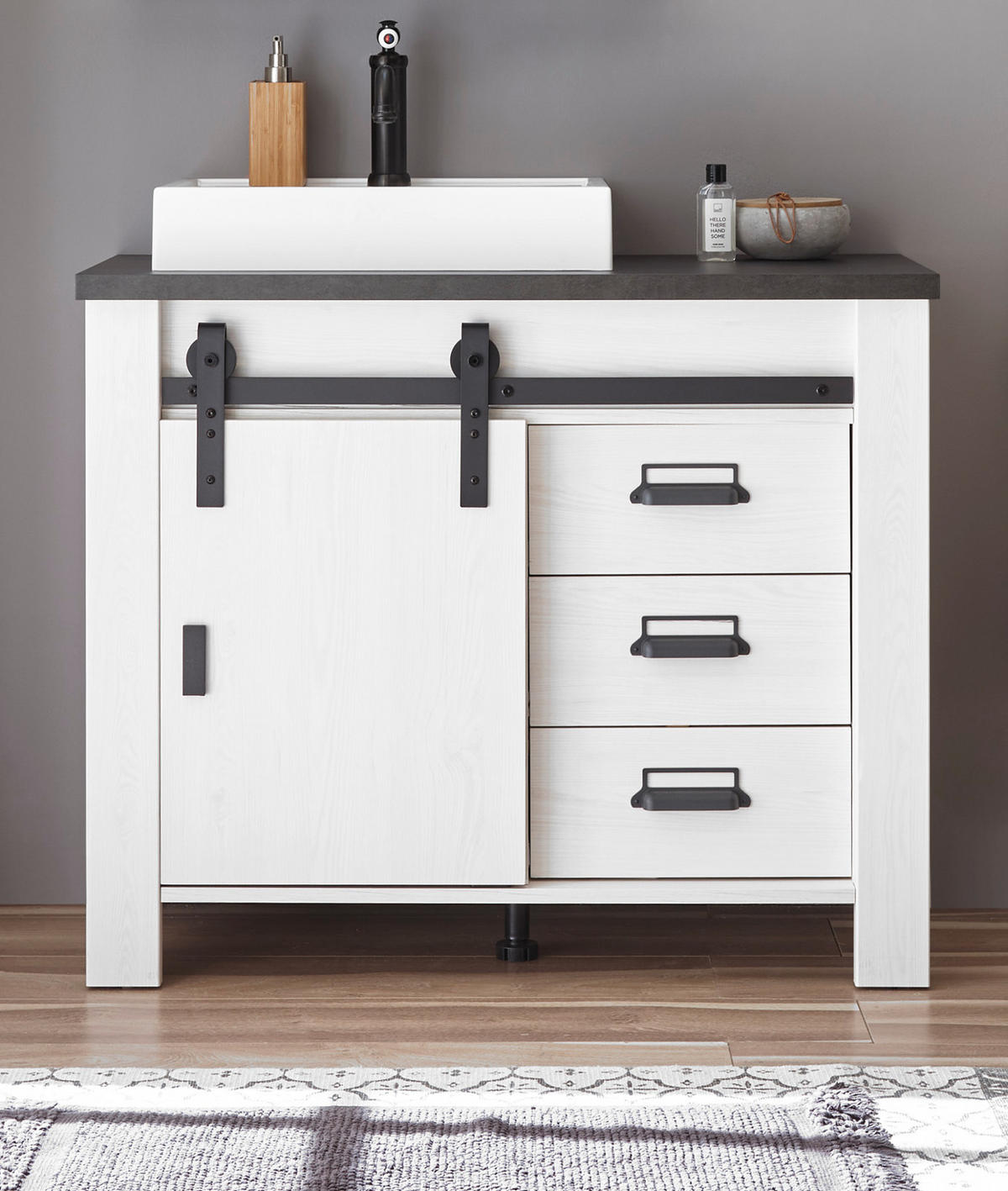 WASCHBECKENUNTERSCHRANK weiß Pinie, anthrazit Landhaus, Waschtisch inklusive Waschbecken - Anthrazit/Weiß, Holzwerkstoff/Metall (95/81/43cm) - Furn.Design