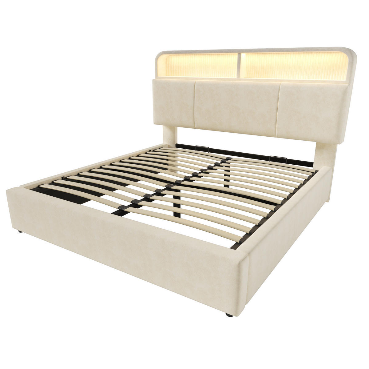 POLSTERBETT 140/190 cm Beige aus Samt mit LED und Stauraum - Beige, Textil (140/190cm) - OKMYHOME