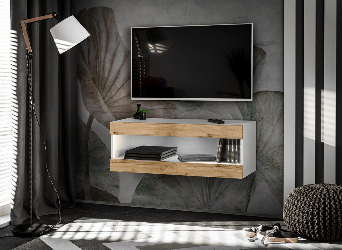 HÄNGEBOARD TV TIVOLI RTV2 Offener Raum Weiß + Wotan - Eiche Wotan/Weiß, Glas/Holzwerkstoff (100/36/35cm) - Komodee