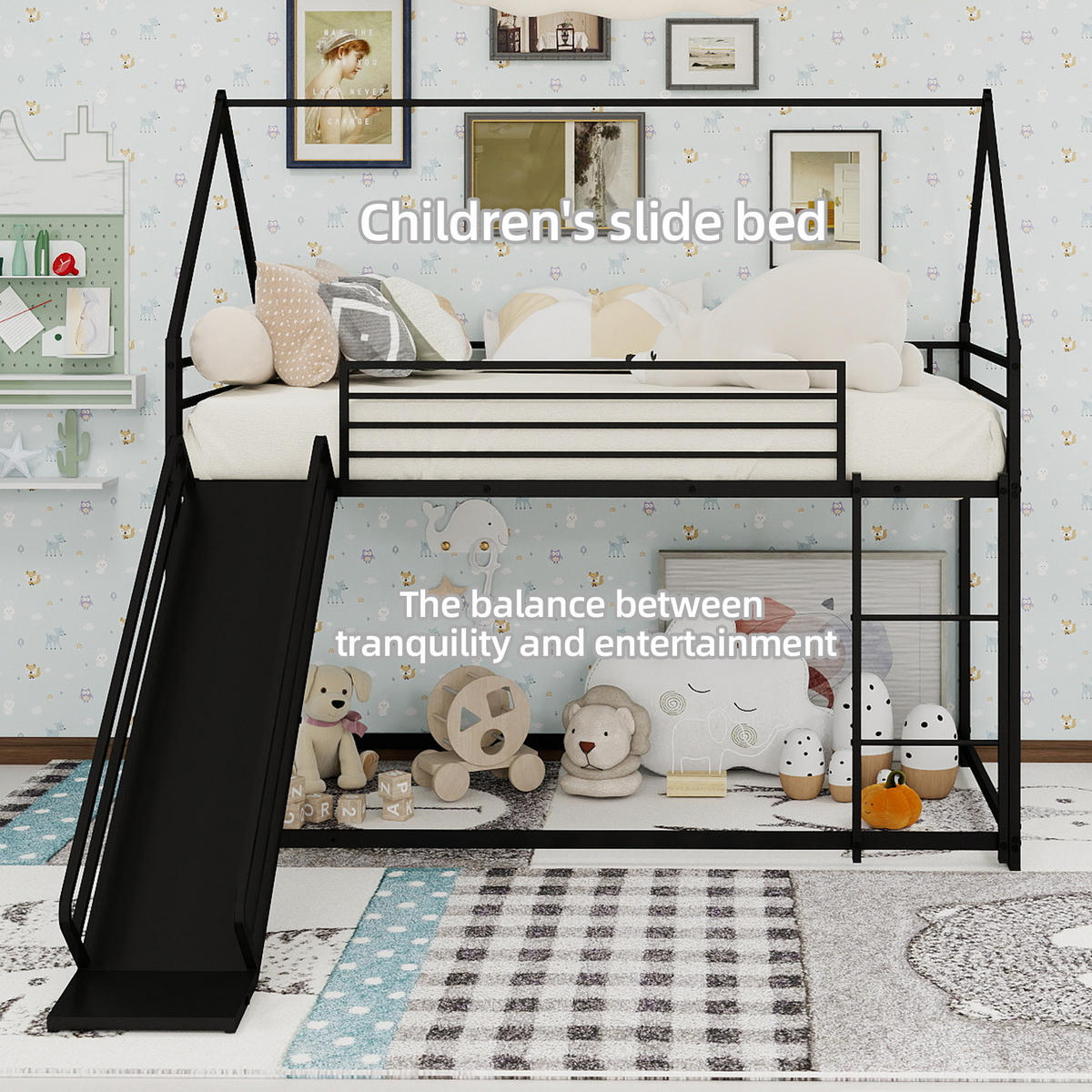 ETAGENBETT 90/190 mit Rutsche, Treppe und Hausdesign - Schwarz, Holzwerkstoff (90/190cm) - EVRYAE